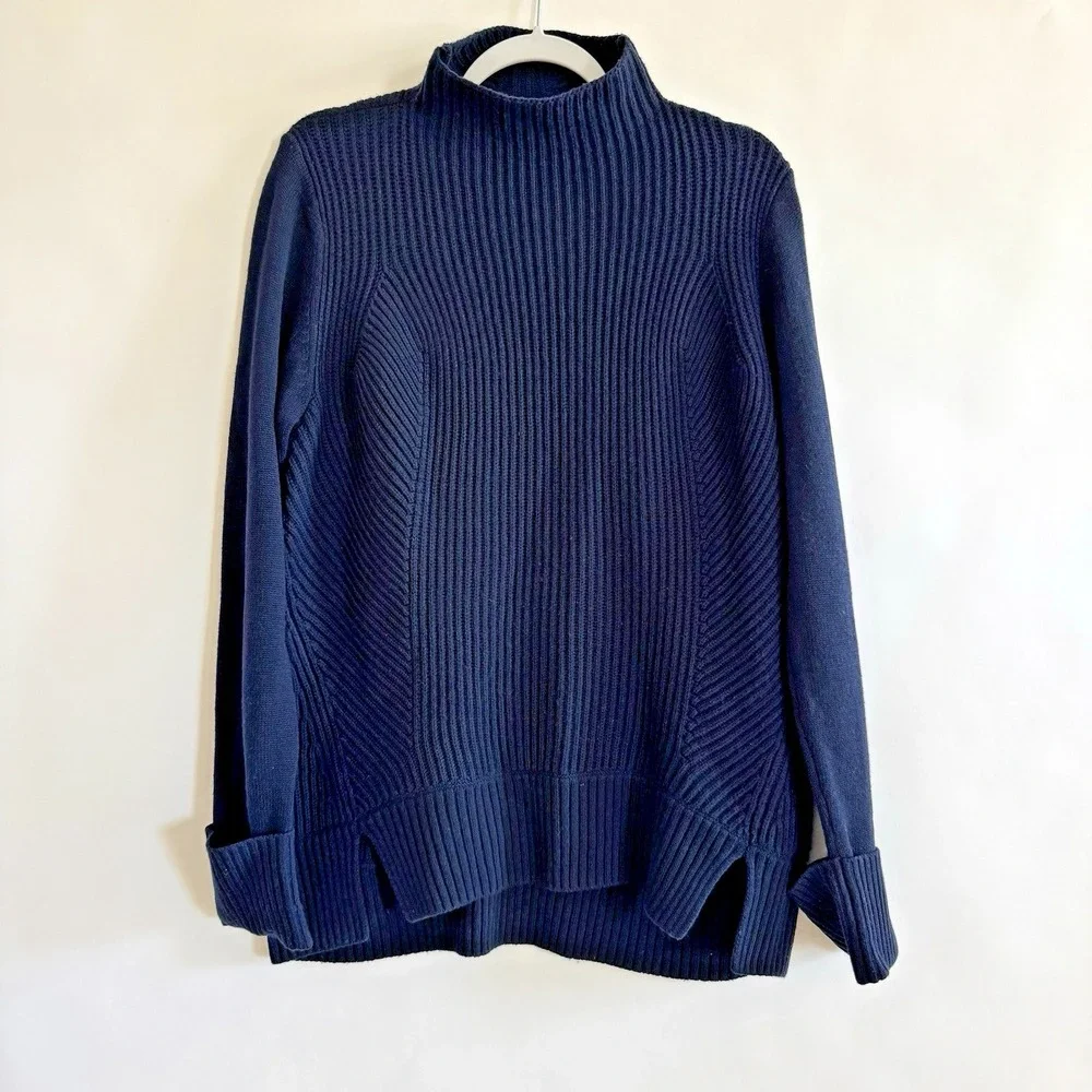 Elie‎ Tahari Womens Ribbed Wool Cashmere Mock Turtleneck Sweater Blue Large